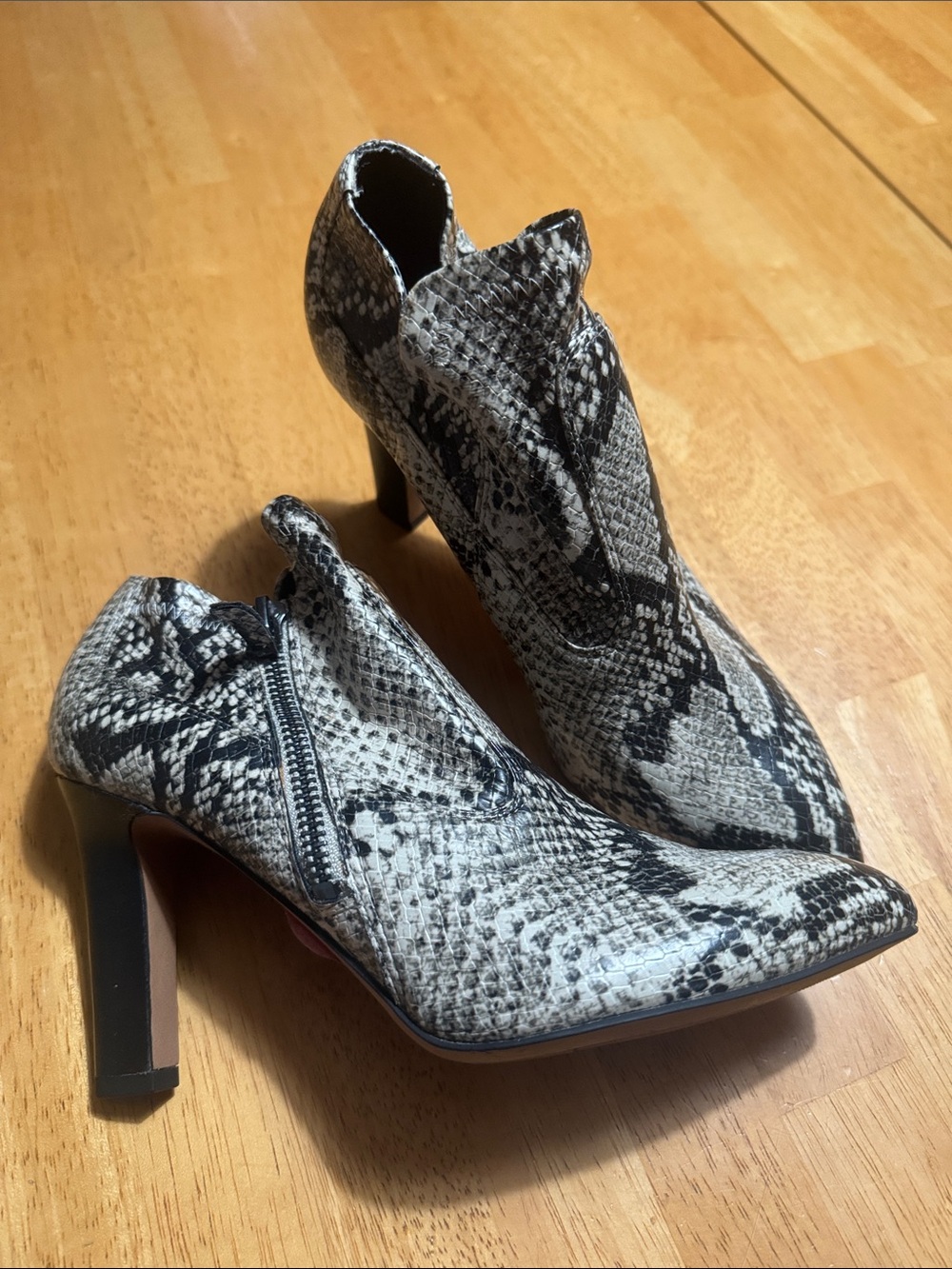 Franco Sarto Black & White Snake-Print Pointed Toe Heel Booties